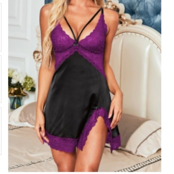 Other - Purple Lace Spice Satin Babydoll with Slit